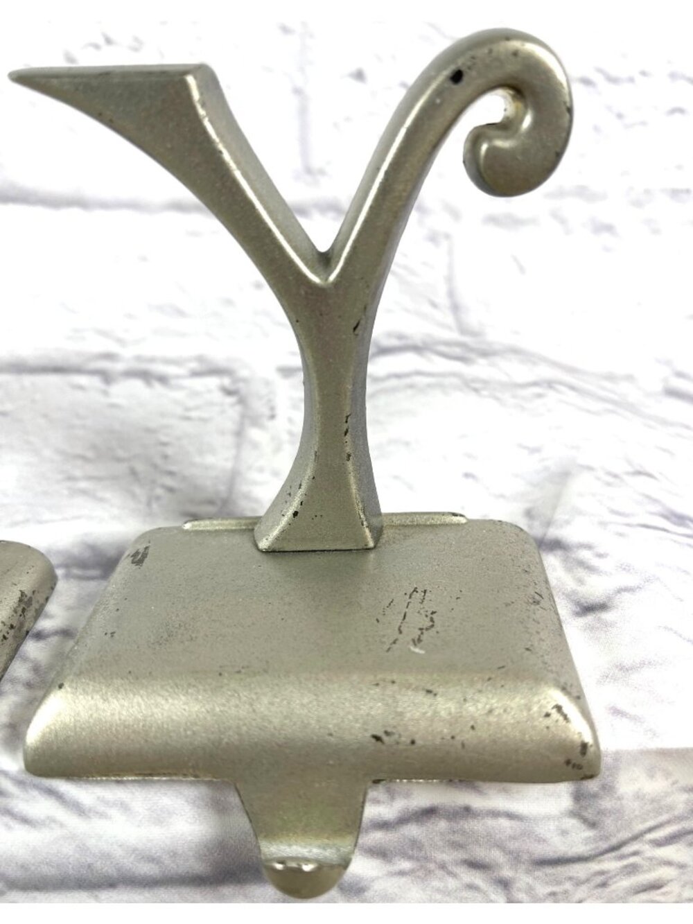 Vintage Pottery Barn Silver JOY Christmas Stocking Holders Weighted Mantel Hooks - Picture 5 of 12